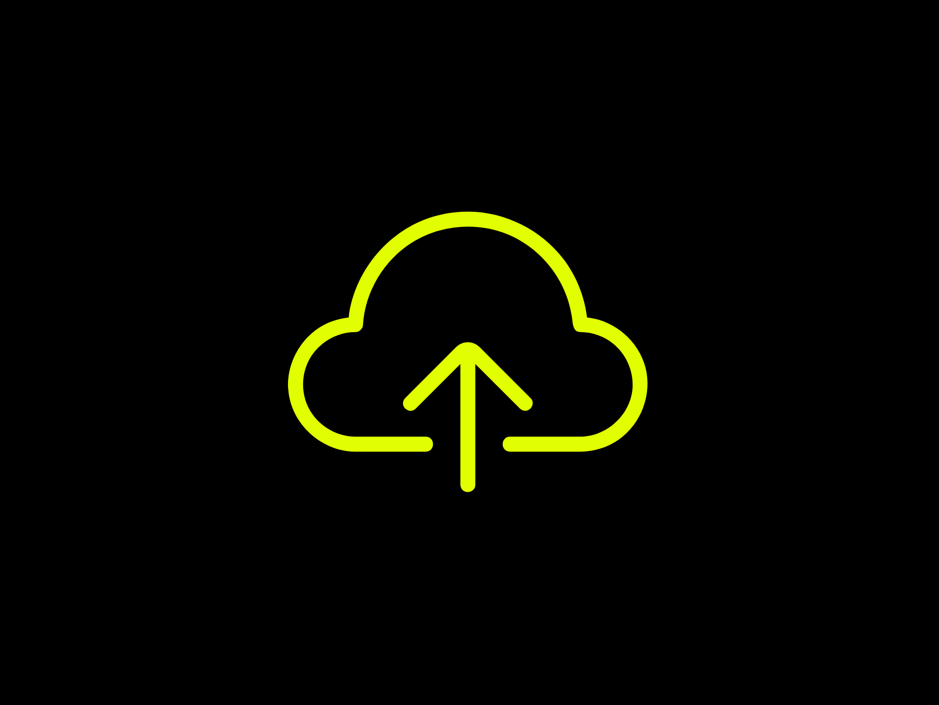 Minimalistisches Cloud-Upload-Icon: Ein neongelbes Symbol einer Wolke mit einem nach oben gerichteten Pfeil auf schwarzem Hintergrund. Die Grafik visualisiert das Hochladen von Daten oder Dateien in einen Cloud-Speicher und eignet sich ideal als UI-Element für Webdesign, Apps oder digitale Benutzeroberflächen.